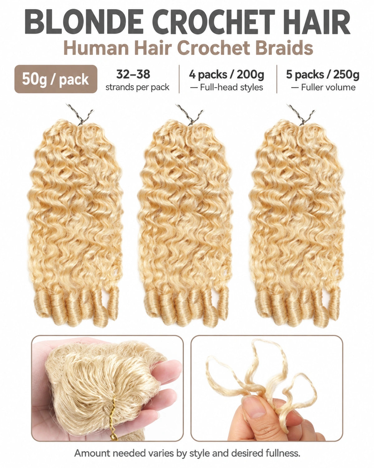 #613 Blonde Burmese Curly Crochet Human Hair Premium Plush Texture for Time-Saving Boho Braids