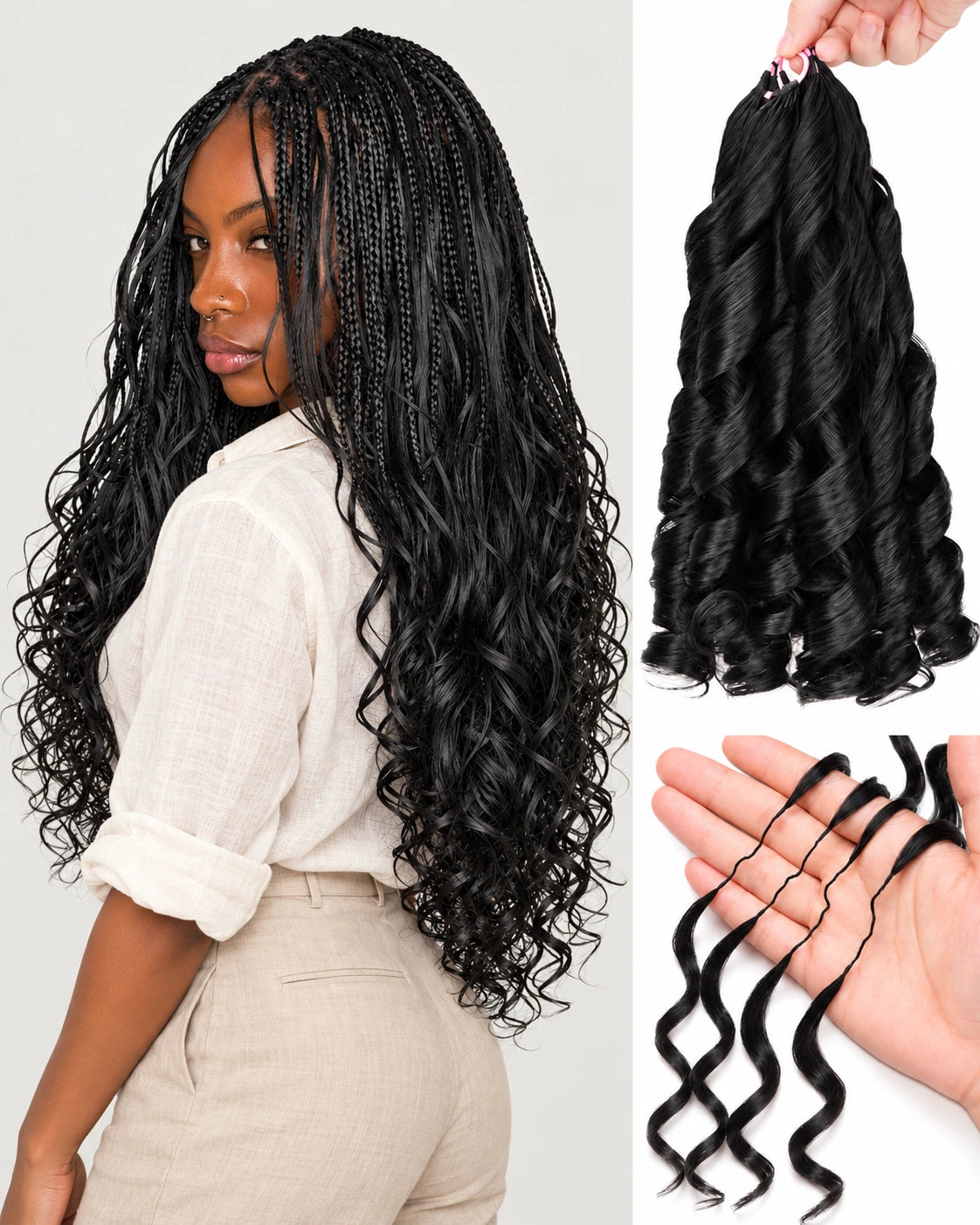 French Curl Miracle Knots Crochet Human Hair 50g Pre-Separated Knotless Feather Crochet Human Hair Bundles Boho Braids Crochet Hair for Black Women Reusable Natural Black
