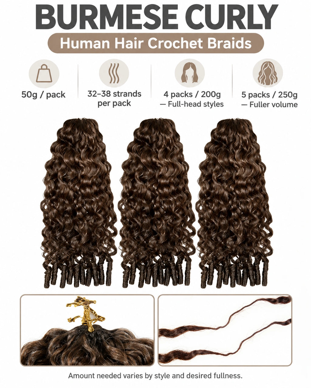#4 Burmese Curly Crochet Human Hair for Boho Braids Miracle Knots Friendly Plush Texture Time-Saving Wear
