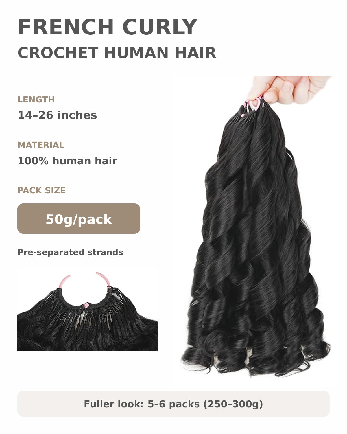 French Curl Miracle Knots Crochet Human Hair 50g Pre-Separated Knotless Feather Crochet Human Hair Bundles Boho Braids Crochet Hair for Black Women Reusable Natural Black