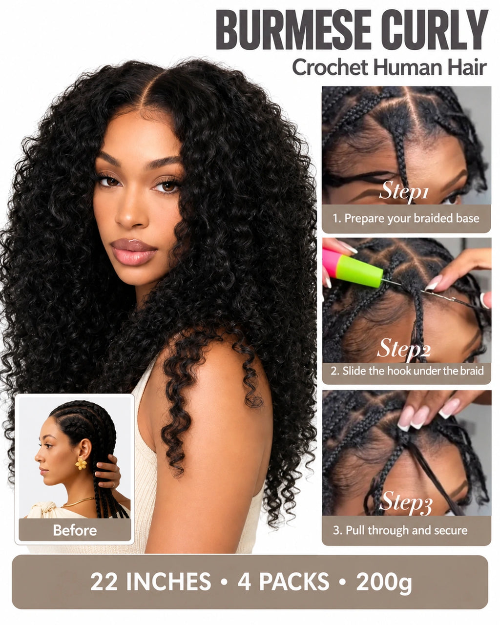 Burmese Curly Crochet Human Hair Designed for Miracle Knots Boho Braids Plush Texture Time-Saving Wear
